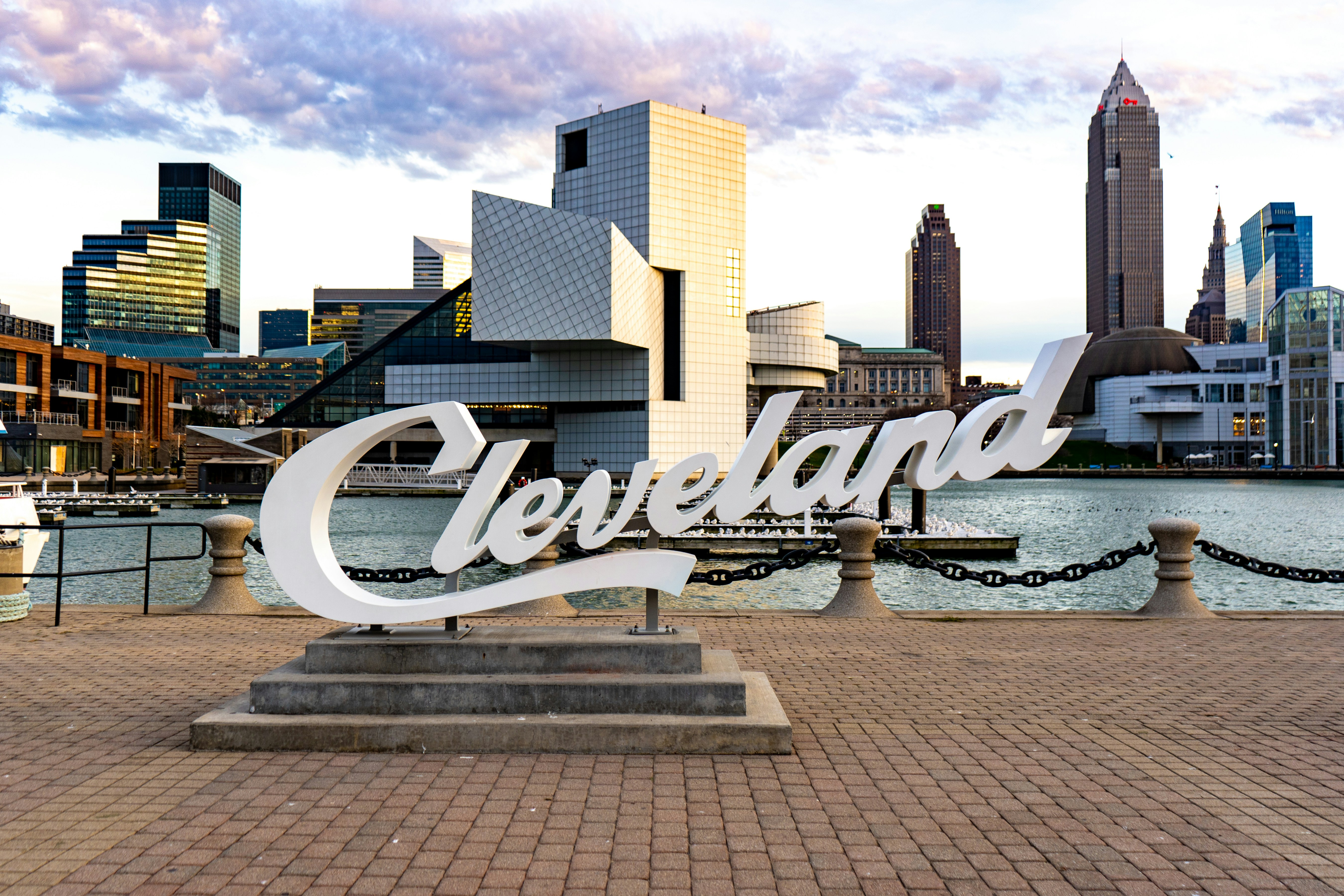 Cleveland skyline and waterfront sign